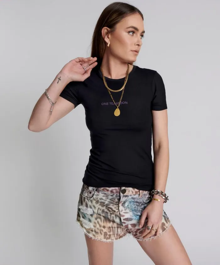 One Teaspoon Tees and Tanks WASHED BLACK SMILEY LOGO FITTED TEE 8211 Women