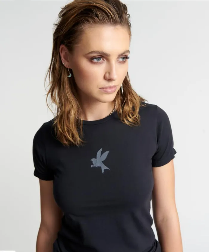 One Teaspoon Tops CHARCOAL BOWER BIRD ORGANIC FITTED TEE 8211 Women One Teaspoon Tops CHARCOAL BOWER BIRD ORGANIC FITTED TEE 8211 Women