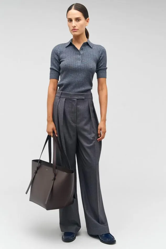 Oroton Knitwear Women Stitch Rib Polo Charcoal Marle