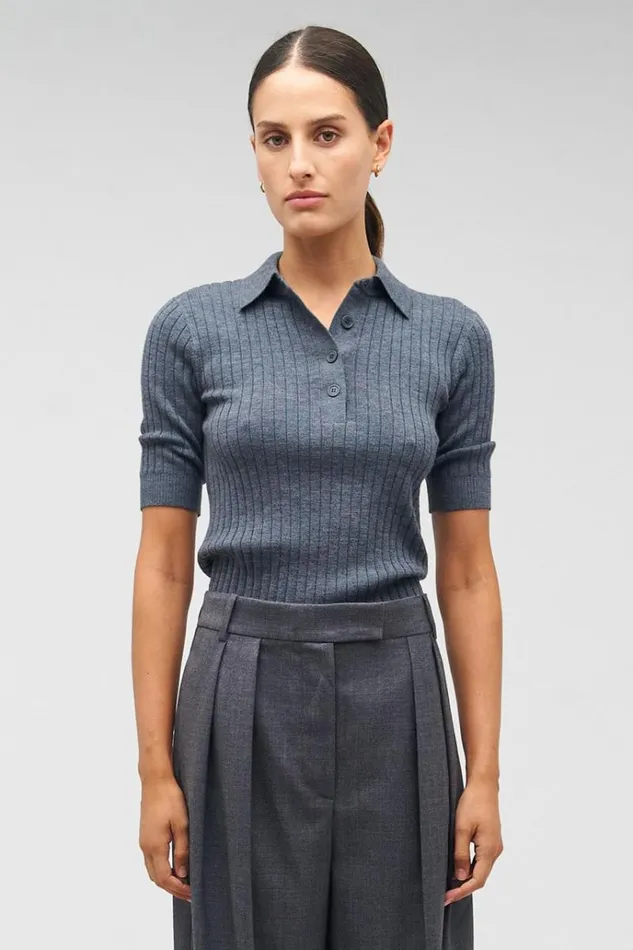 Oroton Knitwear Women Stitch Rib Polo Charcoal Marle