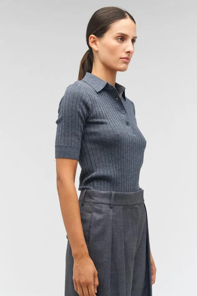 Oroton Knitwear Women Stitch Rib Polo Charcoal Marle