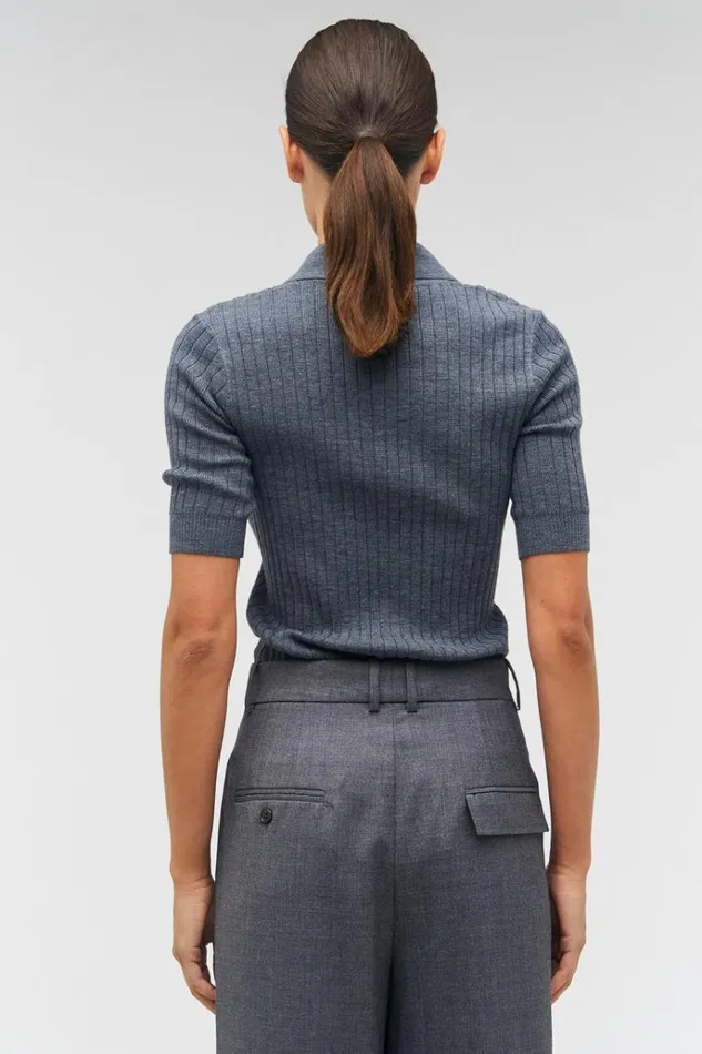 Oroton Knitwear Women Stitch Rib Polo Charcoal Marle