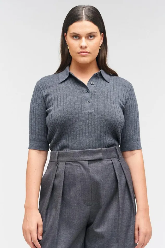 Oroton Knitwear Women Stitch Rib Polo Charcoal Marle