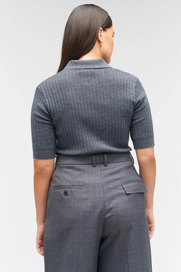 Oroton Knitwear Women Stitch Rib Polo Charcoal Marle