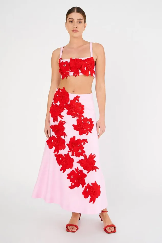 Oroton Skirts Women Contrast 3D Flower ALine Skirt Rosepoppy