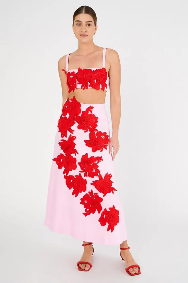 Oroton Skirts Women Contrast 3D Flower ALine Skirt Rosepoppy