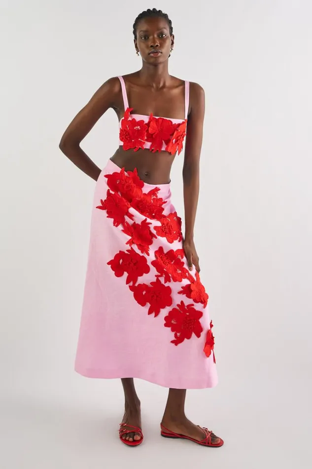 Oroton Skirts Women Contrast 3D Flower ALine Skirt Rosepoppy