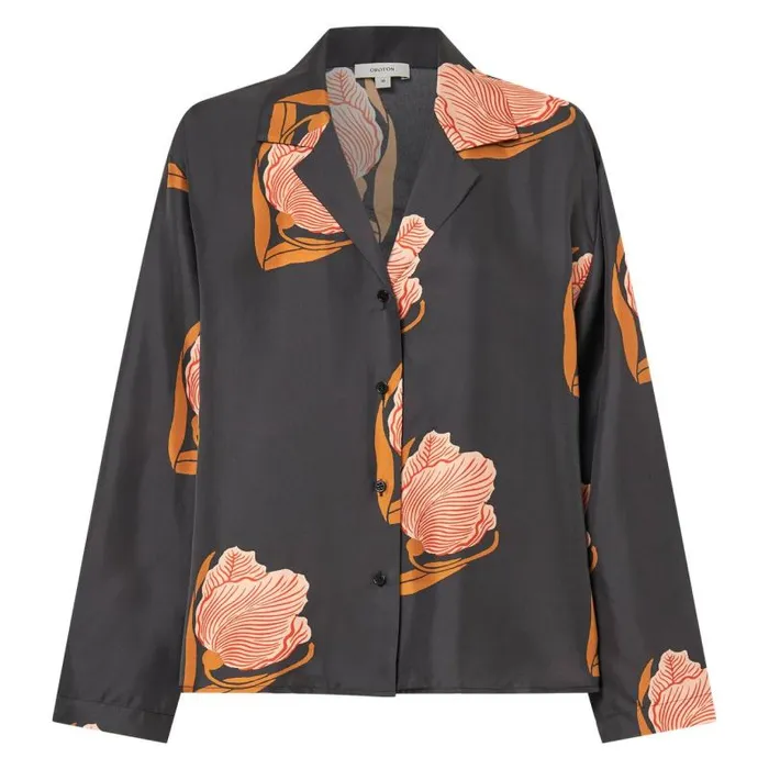 Oroton Tops Women Linear Tulip Print Long Sleeve Camp Shirt Black