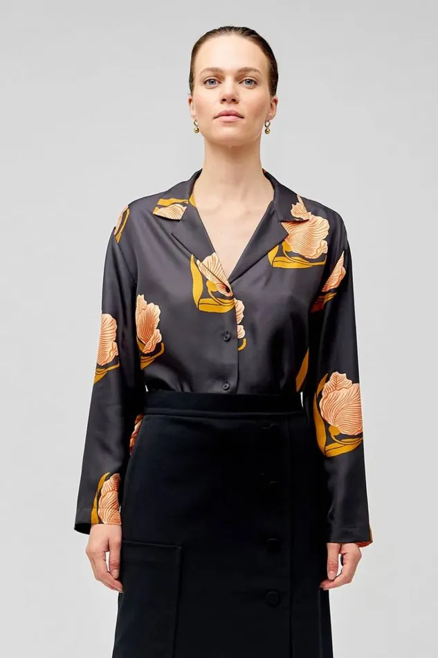 Oroton Tops Women Linear Tulip Print Long Sleeve Camp Shirt Black