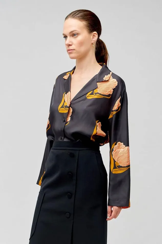 Oroton Tops Women Linear Tulip Print Long Sleeve Camp Shirt Black