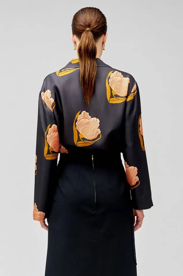 Oroton Tops Women Linear Tulip Print Long Sleeve Camp Shirt Black