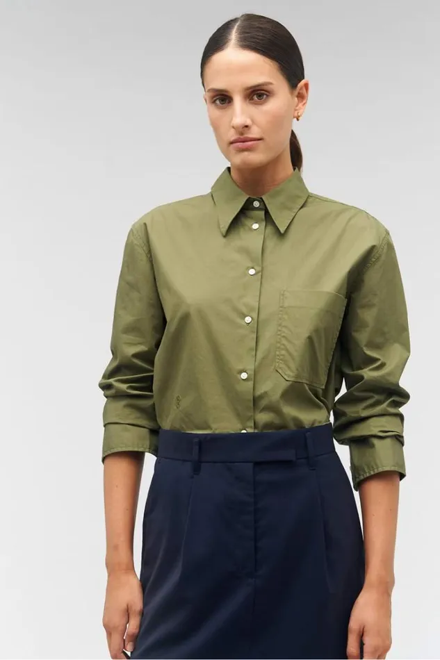 Oroton Tops Women Poplin Long Sleeve Shirt Green Olive