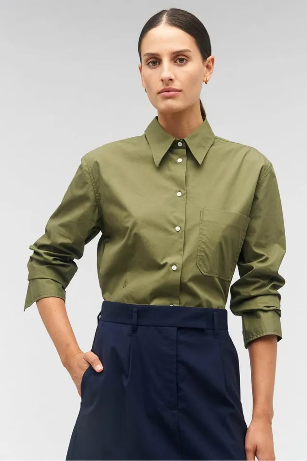 Oroton Tops Women Poplin Long Sleeve Shirt Green Olive