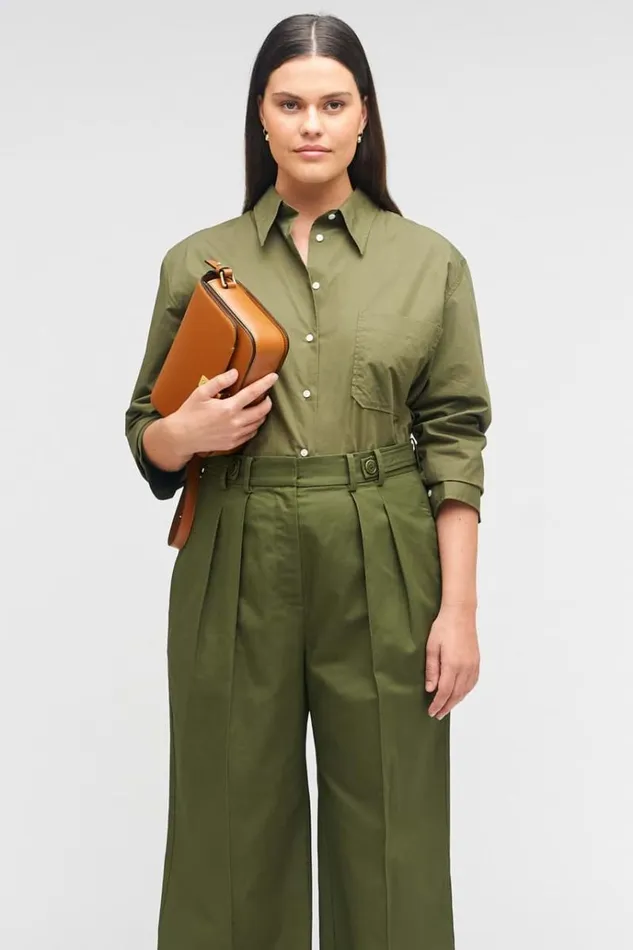 Oroton Tops Women Poplin Long Sleeve Shirt Green Olive