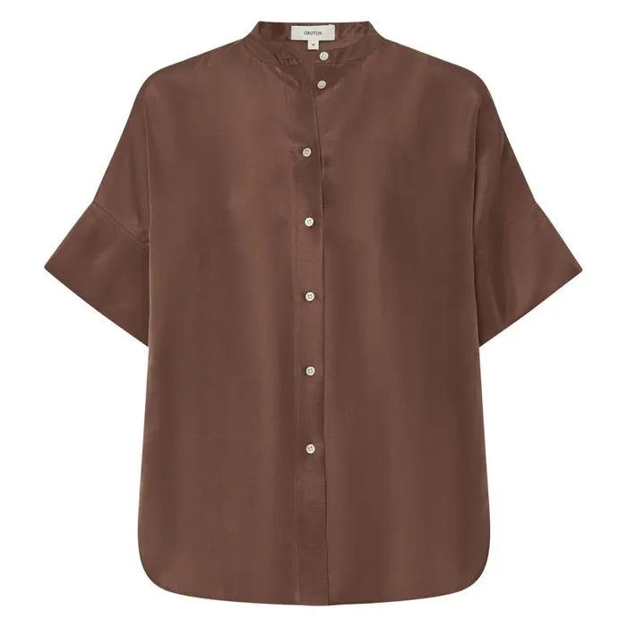 Oroton Tops Women Short Sleeve Silk Dupion Overshirt Deep Spice
