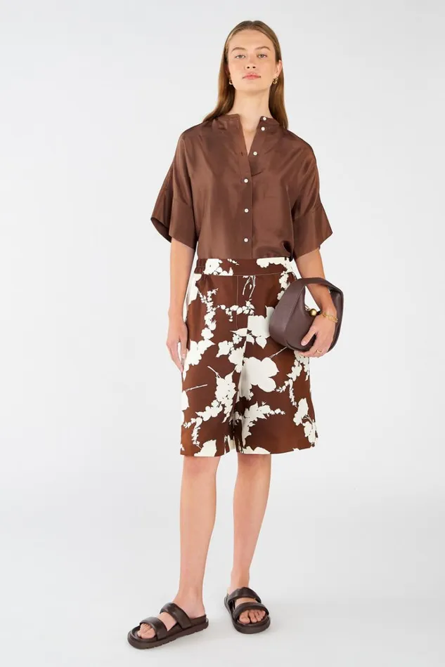 Oroton Tops Women Short Sleeve Silk Dupion Overshirt Deep Spice