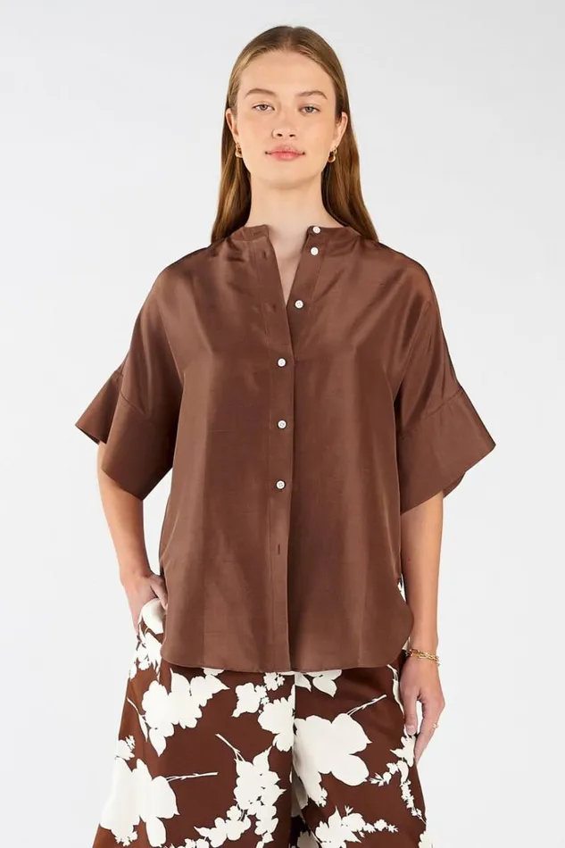 Oroton Tops Women Short Sleeve Silk Dupion Overshirt Deep Spice