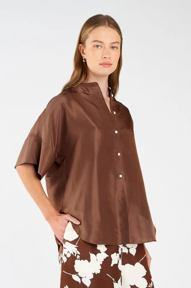 Oroton Tops Women Short Sleeve Silk Dupion Overshirt Deep Spice