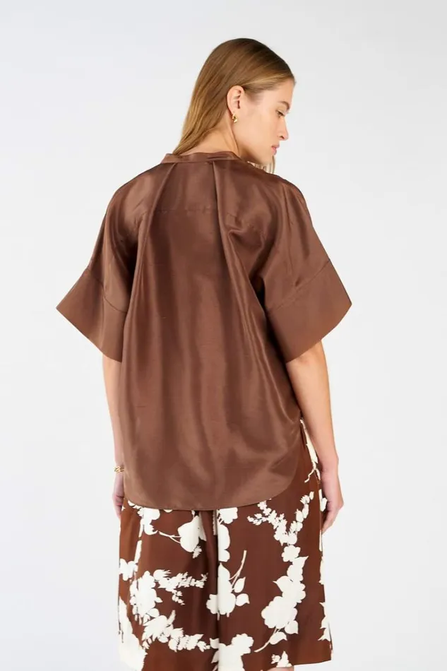 Oroton Tops Women Short Sleeve Silk Dupion Overshirt Deep Spice