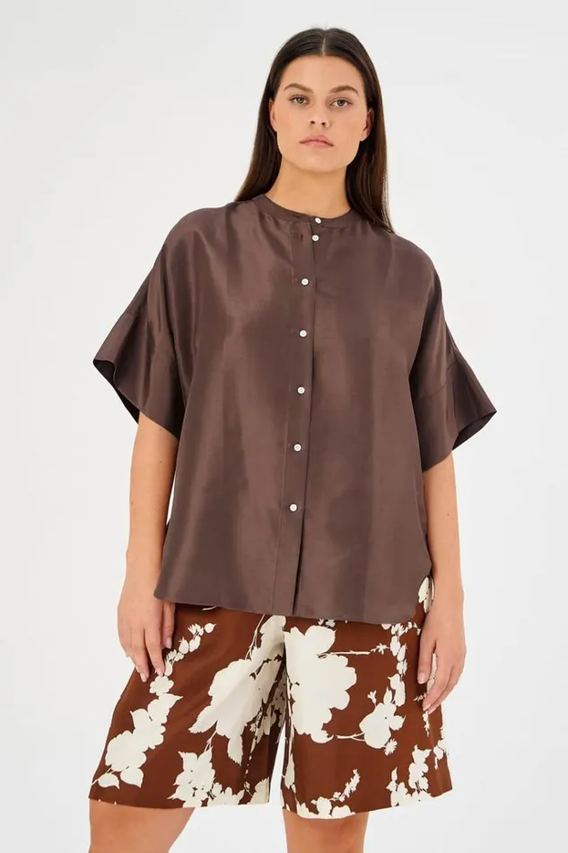 Oroton Tops Women Short Sleeve Silk Dupion Overshirt Deep Spice
