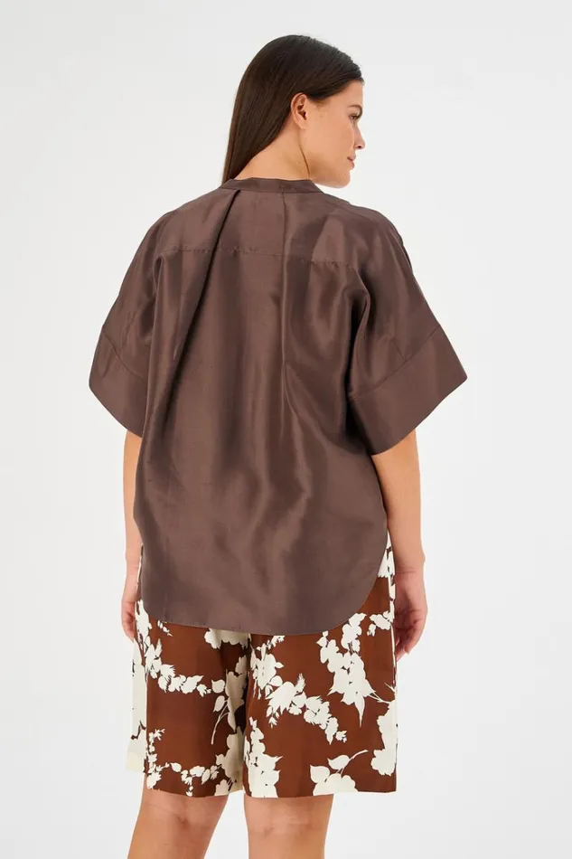Oroton Tops Women Short Sleeve Silk Dupion Overshirt Deep Spice