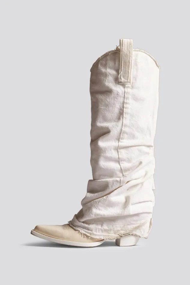 R13 Cowboys Women Mid Cowboy Boot With Sleeve 8211 White Denim Denim