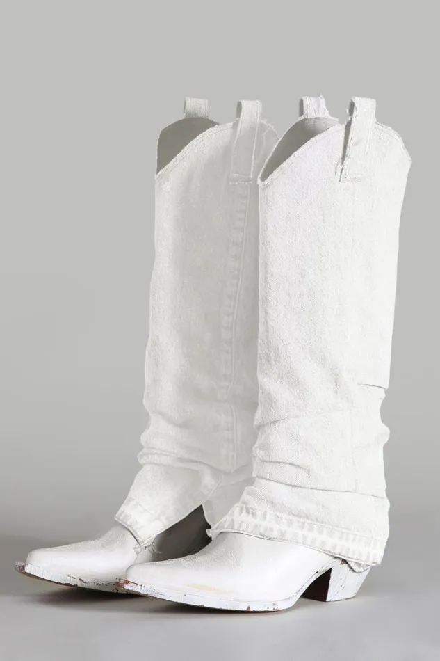 R13 Cowboys Women Mid Cowboy Boot With Sleeve 8211 White Denim Denim