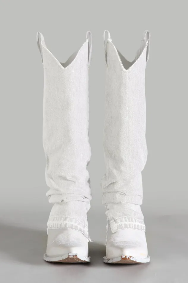 R13 Cowboys Women Mid Cowboy Boot With Sleeve 8211 White Denim Denim