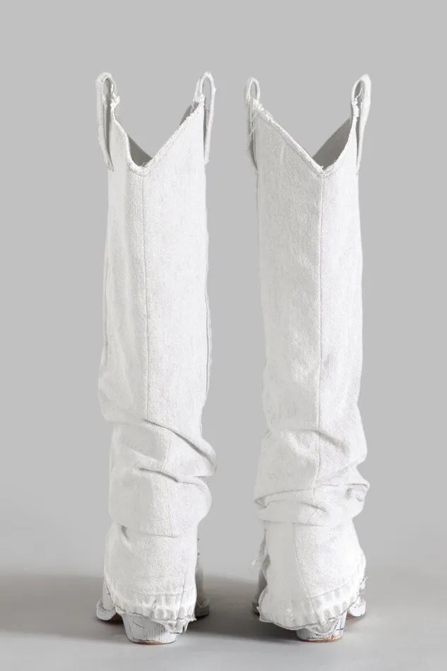 R13 Cowboys Women Mid Cowboy Boot With Sleeve 8211 White Denim Denim