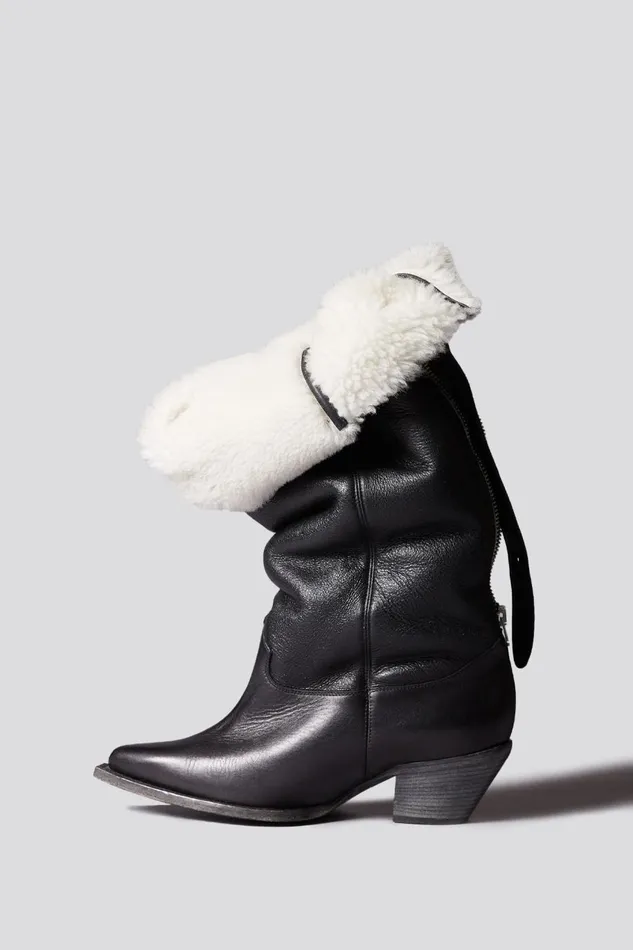 R13 Cowboys Women SLOUCH COWBOY BOOT 8211 BLACK SHERPA