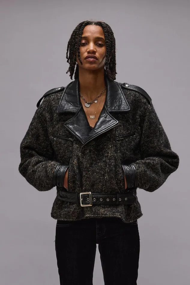 R13 Jackets and Coats Women EXAGGERATED SHOULDER MOTORCYCLE JACKET WITH CUFFS 8211 BLACK HERRINGBONE