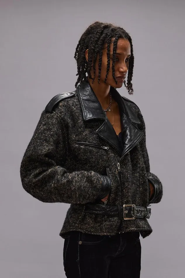 R13 Jackets and Coats Women EXAGGERATED SHOULDER MOTORCYCLE JACKET WITH CUFFS 8211 BLACK HERRINGBONE