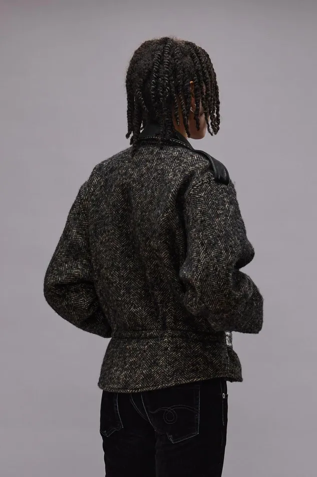 R13 Jackets and Coats Women EXAGGERATED SHOULDER MOTORCYCLE JACKET WITH CUFFS 8211 BLACK HERRINGBONE