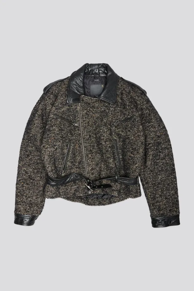 R13 Jackets and Coats Women EXAGGERATED SHOULDER MOTORCYCLE JACKET WITH CUFFS 8211 BLACK HERRINGBONE