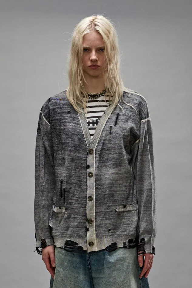 R13 Sale Women BOYFRIEND CARDIGAN 8211 DISTRESSED BLACK