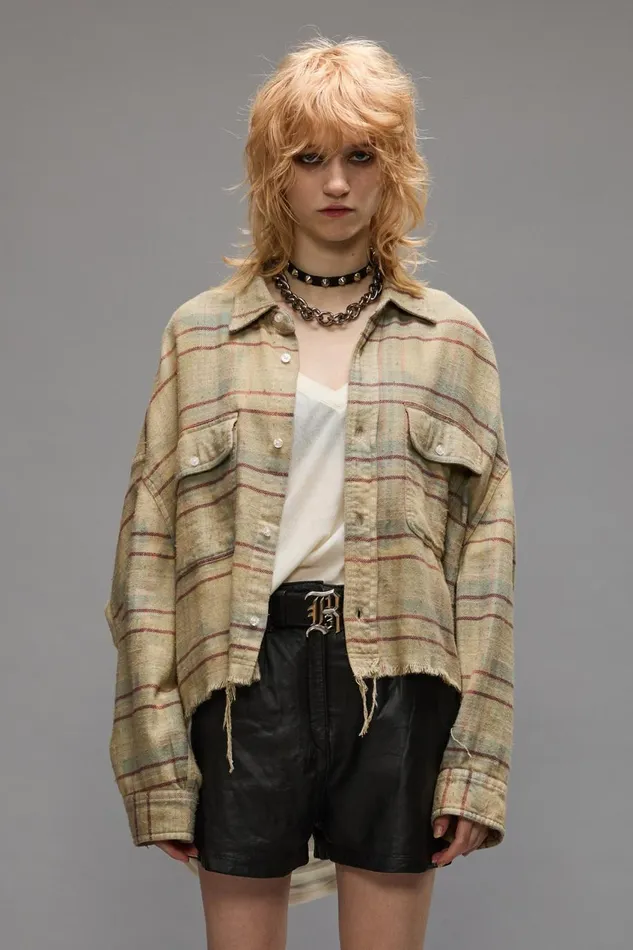 R13 Sale Women CROPPED WORKSHIRT 8211 BLEACHED LIGHT BLUE PLAID