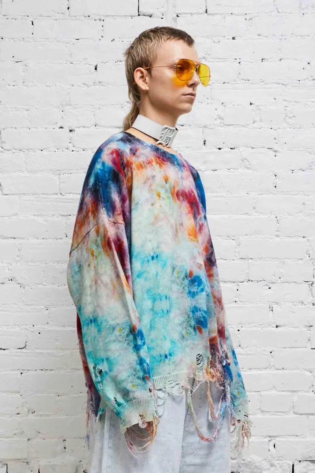 R13 Sale Women DESTROYED OVERSIZED PULLOVER 8211 PRINTED TIEDYE