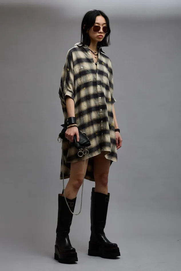 R13 Sale Women OVERSIZED RELAXED SHIRTDRESS 8211 SPLATTERED ECRU PLAID