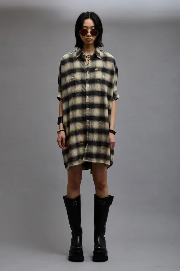 R13 Sale Women OVERSIZED RELAXED SHIRTDRESS 8211 SPLATTERED ECRU PLAID