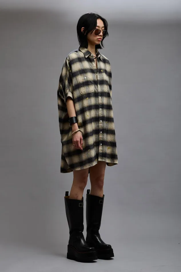 R13 Sale Women OVERSIZED RELAXED SHIRTDRESS 8211 SPLATTERED ECRU PLAID