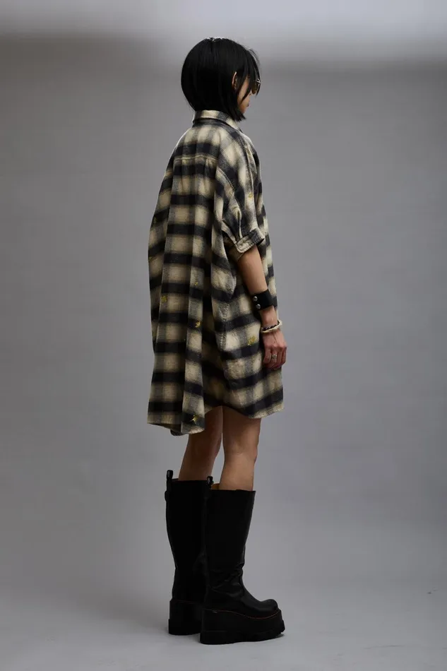 R13 Sale Women OVERSIZED RELAXED SHIRTDRESS 8211 SPLATTERED ECRU PLAID