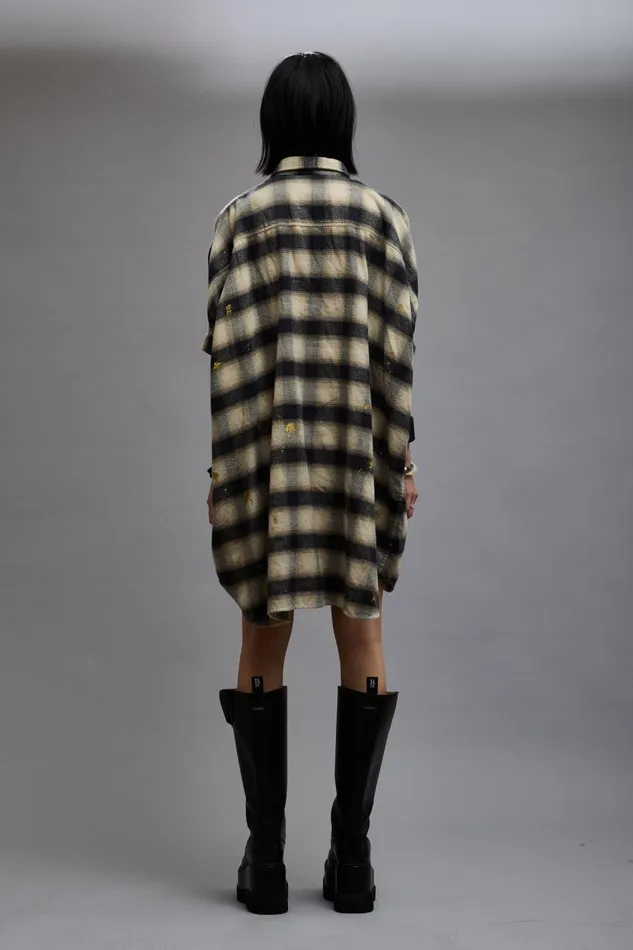 R13 Sale Women OVERSIZED RELAXED SHIRTDRESS 8211 SPLATTERED ECRU PLAID