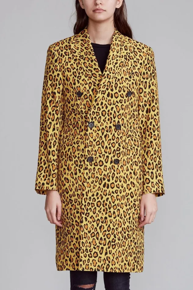 R13 Sale Women Peak Lapel Double Breasted Coat 8211 Yellow Leopard