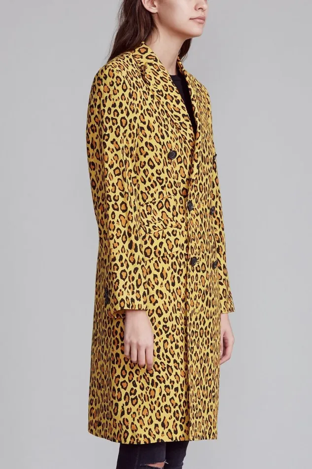 R13 Sale Women Peak Lapel Double Breasted Coat 8211 Yellow Leopard