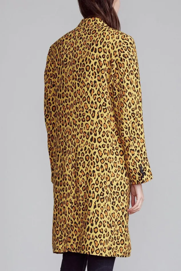 R13 Sale Women Peak Lapel Double Breasted Coat 8211 Yellow Leopard
