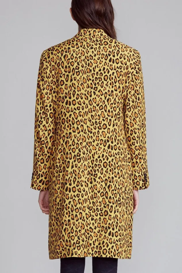 R13 Sale Women Peak Lapel Double Breasted Coat 8211 Yellow Leopard