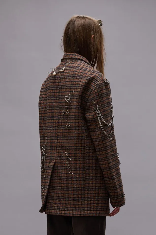 R13 Sale Women PINCUSHION BLAZER 8211 BROWN PLAID