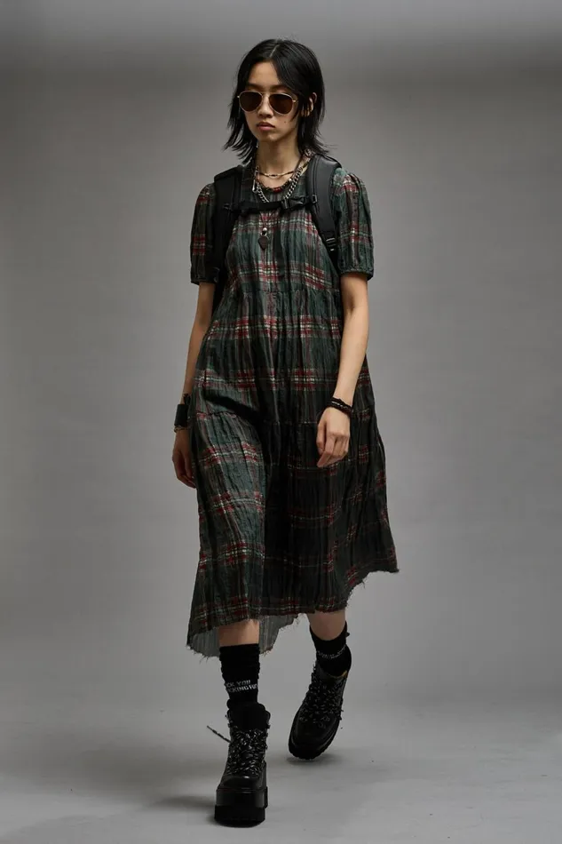 R13 Sale Women RELAXED MIDI 8211 MARSH GREEN PLAID