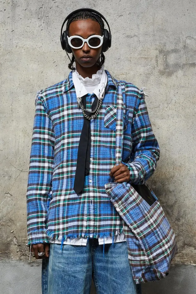 R13 Sale Women SHREDDED SEAM SHIRT 8211 BLUEGREEN PLAID
