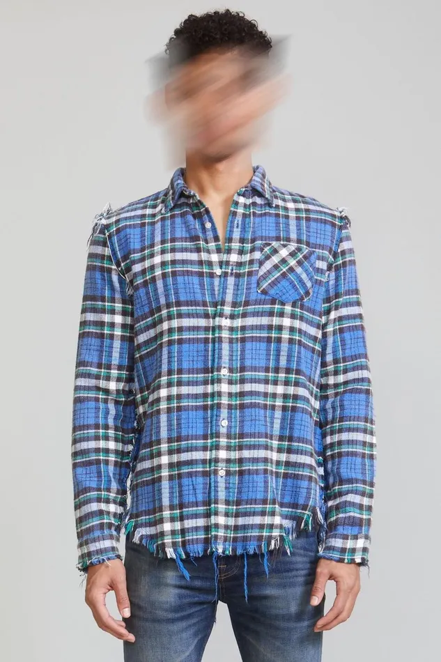 R13 Sale Women SHREDDED SEAM SHIRT 8211 BLUEGREEN PLAID